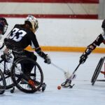 A battle for a loose ball on the court at the 2019 Wheelchair Lacrosse USA Tournament in Long Island, NY. (Photo by Christopher Di Virgilio/SNS).