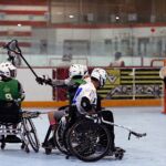 The goalie watches closely as the ball nears his position at the 2019 Wheelchair Lacrosse USA Tournament in Long Island, NY. (Photo by Christopher Di Virgilio/SNS).