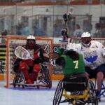 An Eagals player helps protect his goalie at the 2019 Wheelchair Lacrosse USA Tournament in Long Island, NY. (Photo by Christopher Di Virgilio/SNS).