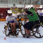 A hard check knows the ball from an Eagals player at the 2019 Wheelchair Lacrosse USA Tournament in Long Island, NY. (Photo by Christopher Di Virgilio/SNS).