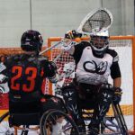 The Colorado goalie gets his stick up to block the play at the 2019 Wheelchair Lacrosse USA Tournament in Long Island, NY. (Photo by Christopher Di Virgilio/SNS).