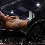 Wheelchair bodybuilder Steve Lister pumps up prior to taking the stage at the 2019 Mr. Olympia in Las Vegas, Nev. (Photo by Christopher DiVirgilio/SNS).