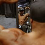 Wheelchair bodybuilder Harold Kelly pumps up prior to taking the stage at the 2019 Mr. Olympia in Las Vegas, Nev. (Photo by Christopher DiVirgilio/SNS).