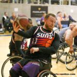 The Sun's Robert Reed keeps the ball in play during a game against the Wolfpack at the 21st Annual D1 Wheelchair Basketball Tournament in Phoenix, Ariz. (Photo by Christopher Di Virgilio).