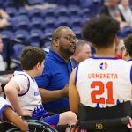 New York Fury's head coach Christopher Noel talks to his team during a timeout at the Prep division NWBA Championship win. (Photo by Christopher Di Virgilio).