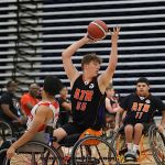 Kooper Hernandez, No. 55, looks to pass the ball during semifinals on day two of the 2025 NWBA Junior Wheelchair Basketball Championships. (Photo by Christopher Di Virgilio).