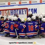 Team USA Para Ice Hockey Team huddle in front of the net during the gold medal match at the 2025 World Para Ice Hockey Championships at LECOM Harborcenter in Buffalo. (Photo by Christopher Di Virgilio).