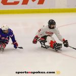 Team Canada's Rob Armstrong, No 61, moves the puck during the gold medal match at the 2025 World Para Ice Hockey Championships at LECOM Harborcenter in Buffalo. (Photo by Christopher Di Virgilio).