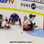 Team Canada's Adam Kingsmill defends the net during the gold medal match at the 2025 World Para Ice Hockey Championships at LECOM Harborcenter in Buffalo. (Photo by Christopher Di Virgilio).