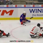 Team USA's Declan Farmer, No 16, moves the puck against Canada during the gold medal match at the 2025 World Para Ice Hockey Championships at LECOM Harborcenter in Buffalo. (Photo by Christopher Di Virgilio).