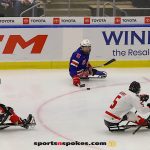 Team USA's Declan Farmer, No 16, moves the puck against Canada during the gold medal match at the 2025 World Para Ice Hockey Championships at LECOM Harborcenter in Buffalo. (Photo by Christopher Di Virgilio).
