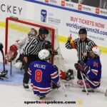 Reviewing a play in front of Team Canada's net during the gold medal match at the 2025 World Para Ice Hockey Championships at LECOM Harborcenter in Buffalo. (Photo by Christopher Di Virgilio).