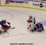 Team USA's Declan Farmer, No 16, shoots and scores against Canada during the gold medal match at the 2025 World Para Ice Hockey Championships at LECOM Harborcenter in Buffalo. (Photo by Christopher Di Virgilio).