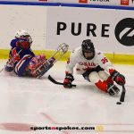 Team Canada's Anton Jacobs-Webb reaches for the puck during the gold medal match at the 2025 World Para Ice Hockey Championships at LECOM Harborcenter in Buffalo. (Photo by Christopher Di Virgilio).