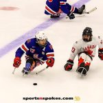 Team USA's Declan Farmer and Canada's Vincent Boily during the gold medal match at the 2025 World Para Ice Hockey Championships at LECOM Harborcenter in Buffalo. (Photo by Christopher Di Virgilio).