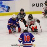 Face off during the gold medal match at the 2025 World Para Ice Hockey Championships at LECOM Harborcenter in Buffalo. (Photo by Christopher Di Virgilio).