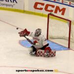 Team Canada's goalie Corbin Watsons blocks a USA shot during the gold medal match at the 2025 World Para Ice Hockey Championships at LECOM Harborcenter in Buffalo. (Photo by Christopher Di Virgilio).