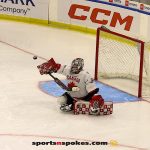 Team Canada's goalie Corbin Watsons blocks a USA shot during the gold medal match at the 2025 World Para Ice Hockey Championships at LECOM Harborcenter in Buffalo. (Photo by Christopher Di Virgilio).