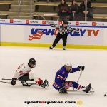 Team Canada's Auren Halbert chases down USA's Jack Wallace during the gold medal match at the 2025 World Para Ice Hockey Championships at LECOM Harborcenter in Buffalo. (Photo by Christopher Di Virgilio).