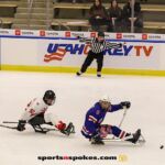 Team Canada's Auren Halbert chases down USA's Jack Wallace during the gold medal match at the 2025 World Para Ice Hockey Championships at LECOM Harborcenter in Buffalo. (Photo by Christopher Di Virgilio).