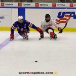USA's Declan Farmer, No. 16 and Canada's Tyler McGregor during the gold medal match at the 2025 World Para Ice Hockey Championships at LECOM Harborcenter in Buffalo. (Photo by Christopher Di Virgilio).