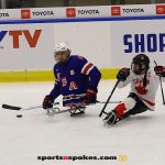 USA's Brody Roybal, No. 4, moves the puck against Canada during the gold medal match at the 2025 World Para Ice Hockey Championships at LECOM Harborcenter in Buffalo. (Photo by Christopher Di Virgilio).