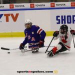 USA's Brody Roybal, No. 4, moves the puck against Canada during the gold medal match at the 2025 World Para Ice Hockey Championships at LECOM Harborcenter in Buffalo. (Photo by Christopher Di Virgilio).