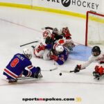 Team USA's Jack Wallace, No 8, moves to score at the 2025 World Para Ice Hockey Championships at LECOM Harborcenter in Buffalo. (Photo by Christopher Di Virgilio).