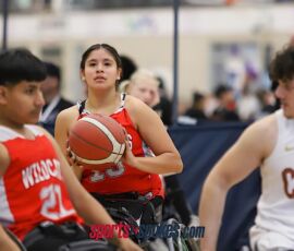 Adrina Castro, with ball, looks for a teammate during the 2026 NWBA Junior National Championships — Junior NIT Division at West Monroe Sports Center, West Monroe, La. (Photo by Christopher Di Virgilio/SNS)