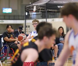 Ethen Hansen, with ball, makes his way around the Kansas City defenders as the Dallas bench looks on during the 2026 NWBA Junior National Championships — Varsity Division at West Monroe Sports Center, West Monroe, La. (Photo by Christopher Di Virgilio/SNS)