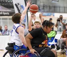 Kansas City's Karson Henderson shoots over a Dallas defender during the 2026 NWBA Junior National Championships — Varsity Division at West Monroe Sports Center, West Monroe, La. (Photo by Christopher Di Virgilio/SNS)
