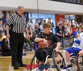 Referee Buddy Barns keeps a close eye on the out of bounds line as Karson Henderson looks for an opening during the 2026 NWBA Junior National Championships — Varsity Division at West Monroe Sports Center, West Monroe, La. (Photo by Christopher Di Virgilio/SNS)