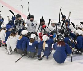 Celebration at the end of the Vierumaki, Finland, with over 30 women from 10 countries. First Women's Para Ice Hockey Development Camp. (Mad Nath Photos). Women's sled hockey development camp in Finland