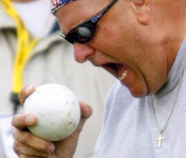 Ray Brown, 57, a disabled Marine Corps veteran from North Branch, Michigan, competed in the class V, Masters division in shotput at the 26th National Veterans Wheelchair Games in Anchorage, AK, July 4-8, 2006. Brown, who is a paraplegic, won the event with a mark of 9.8 meters. (Photo by Nancy Crase). Ray Brown