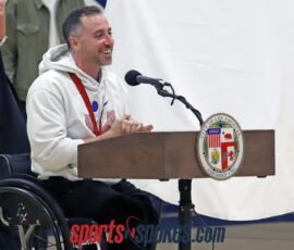 Paralympian Steve Serio speaking during the wheelchair basketball naming ceremony at Birmingham High School in Van Nuys, Calif. (Photo by Christopher Di Virgilio). Steve Serio