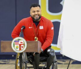 Paralympian and U.S. Marine Corps veteran Jorge Salazar speaking during the wheelchair basketball naming ceremony at Birmingham High School in Van Nuys, Calif. (Photo by Christopher Di Virgilio). Jorge Salazar