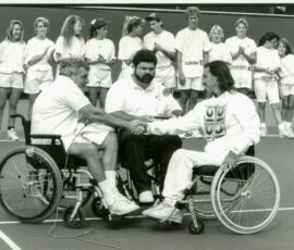 Cliff Crase, left, Richard Johnson, tennis, US Open Wheelchair Tennis Championships. (Photo by Nancy Crase). Cliff Crase and Richard Johnson