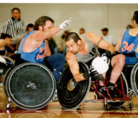 David Haynes, National Quad Rugby Championship, Quad Rugby, Spokane WA, Troy McGuirk, Wayne Romero. (Photo by Nancy Crase). 1997 quad rugby2