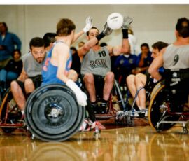 Cliff Chunn, Mike Wyatt, National Quad Rugby Championship, Quad Rugby, Spokane WA, Troy McGuirk. (Photo by Nancy Crase). 1997 Quad Rugby