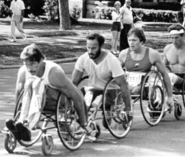 Dan Westley, Dean Barrett, George Murray, Jim Knaub, marathon, Montreal Marathon, road racing. (Photo by Nancy Crase). Dan Westley, Dean Barrett, George Murray, Jim Knaub